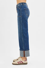 Risen High Rise Crop Wide Straight Cuffed Jeans- Dark