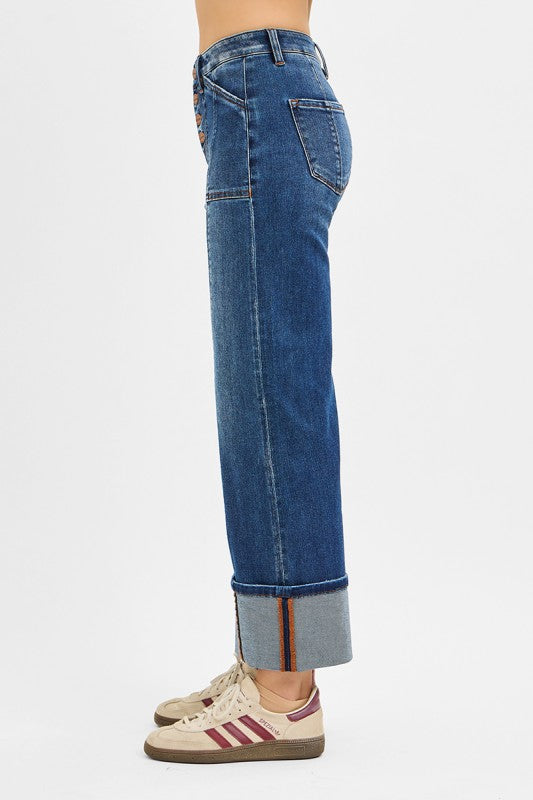 Risen High Rise Crop Wide Straight Cuffed Jeans- Dark