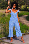 Sapphire Sweetness Butterfly Sleeve Floral Jumpsuit - Cobalt/White