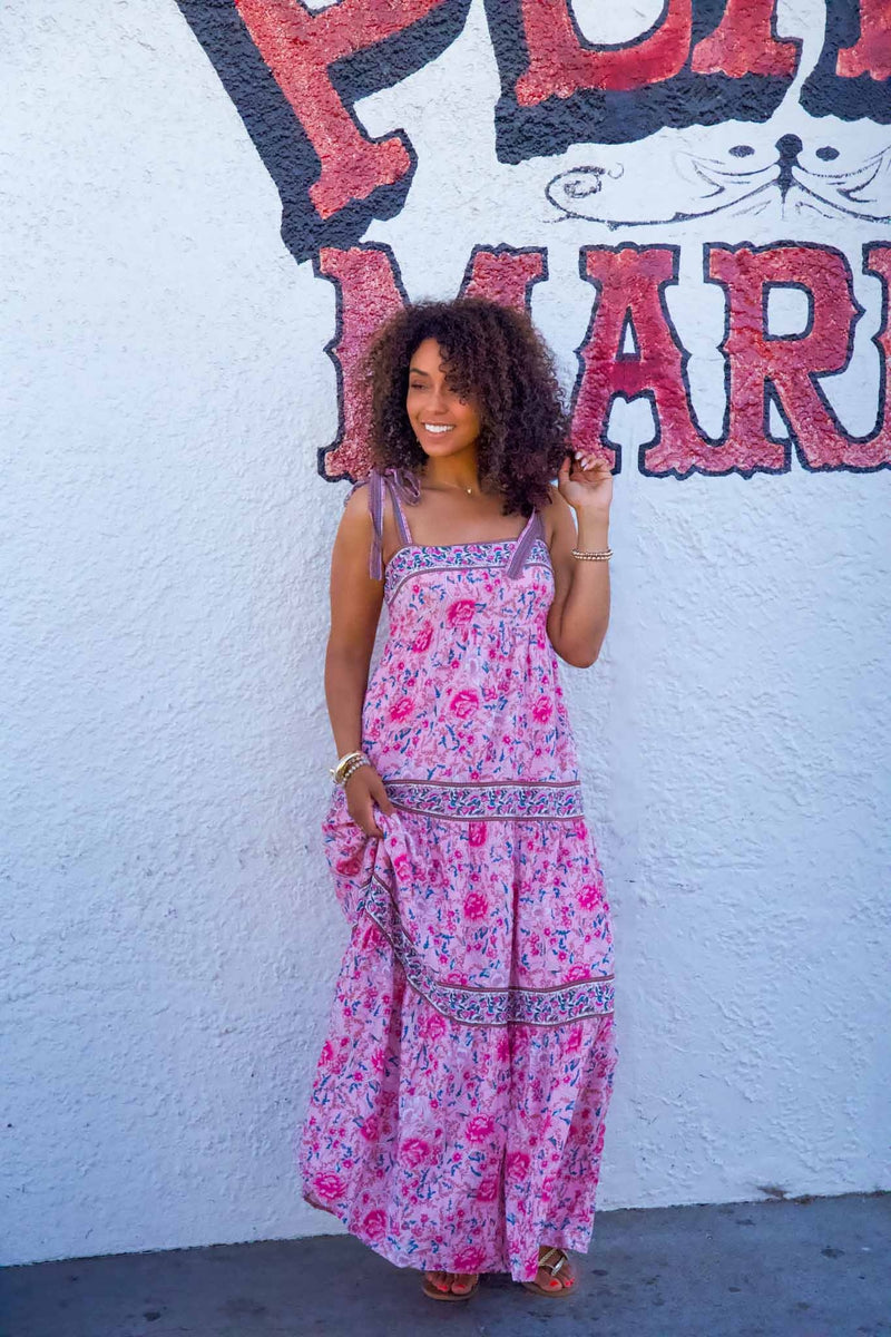 Berry Bliss Tie Strap Floral Maxi Dress- Rose/Multi