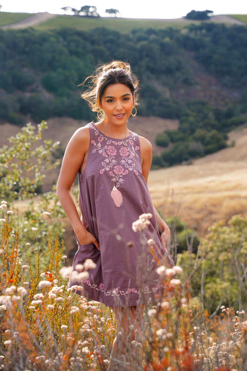 Fig Season Embroidered Detail Shift Dress - Muted Plum