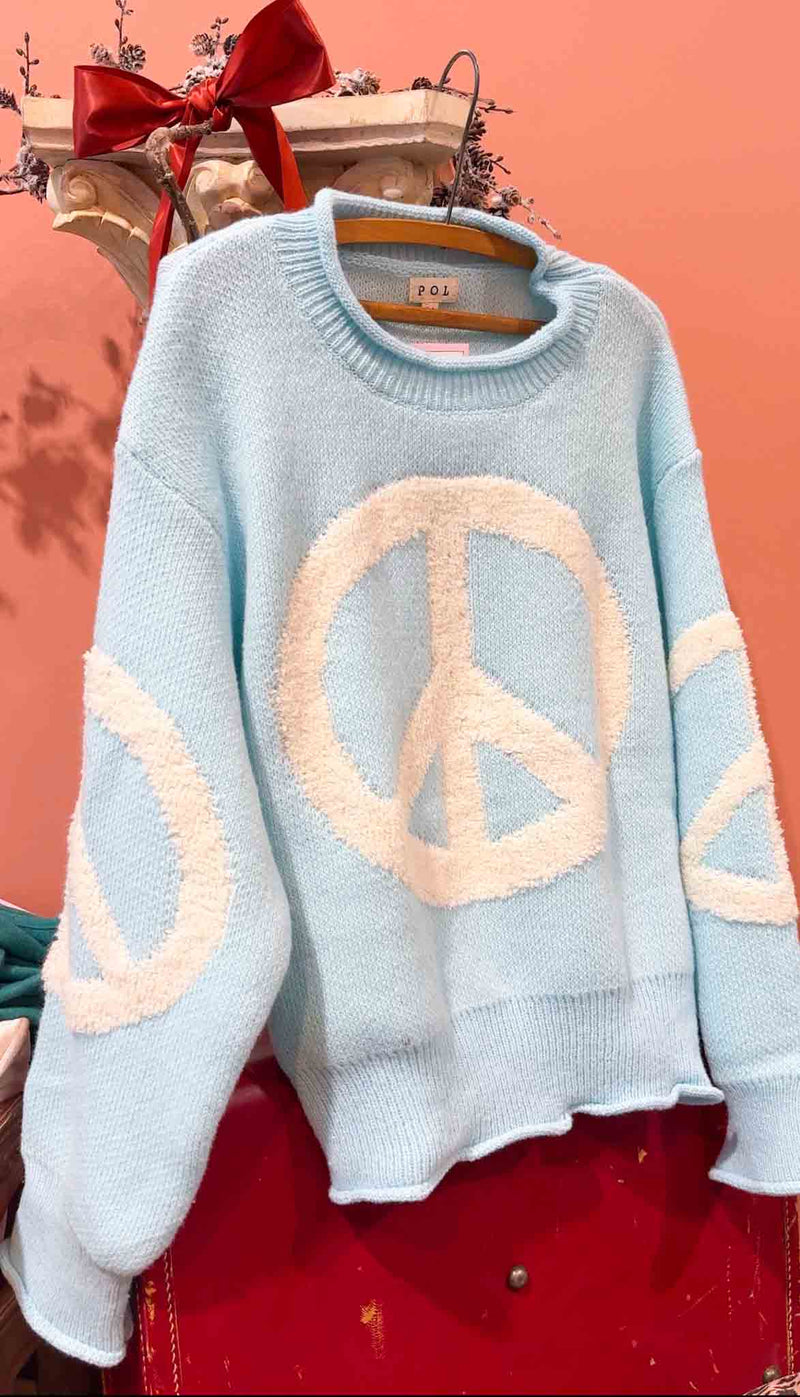 POL Knit Pullover Peace Sign Sweater- Lake