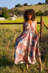 Summer Soiree Pattern Open Back Halter Dress- Tan/Multi