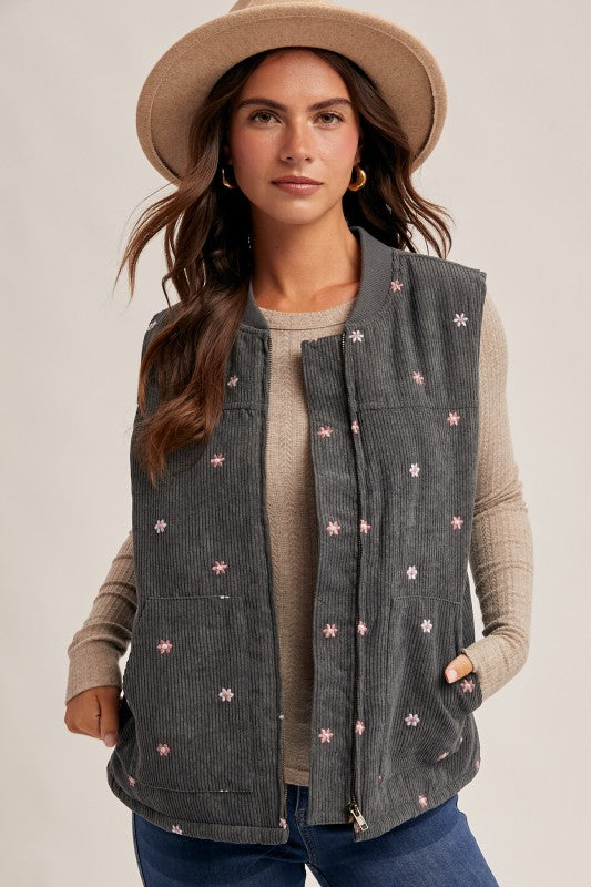 Delicate Daisies Corduroy Vest/Embroiderd Floral- Teal
