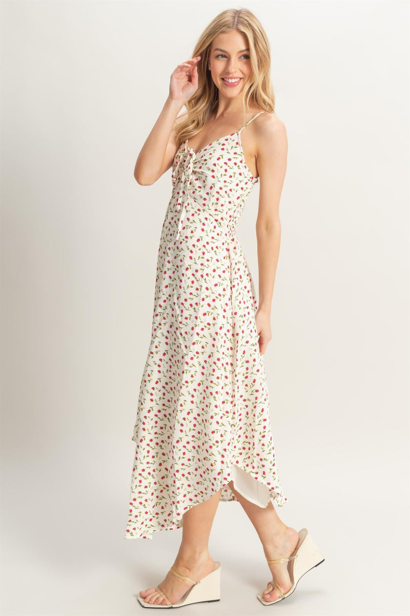 East of Eden Front Bodice Tie Spaghetti Strap Floral Dress - Ivory/Multi