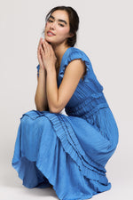 Dance Floor Diva Satin Midi Ruffle Sleeve Maxi Dress- Royal Blue