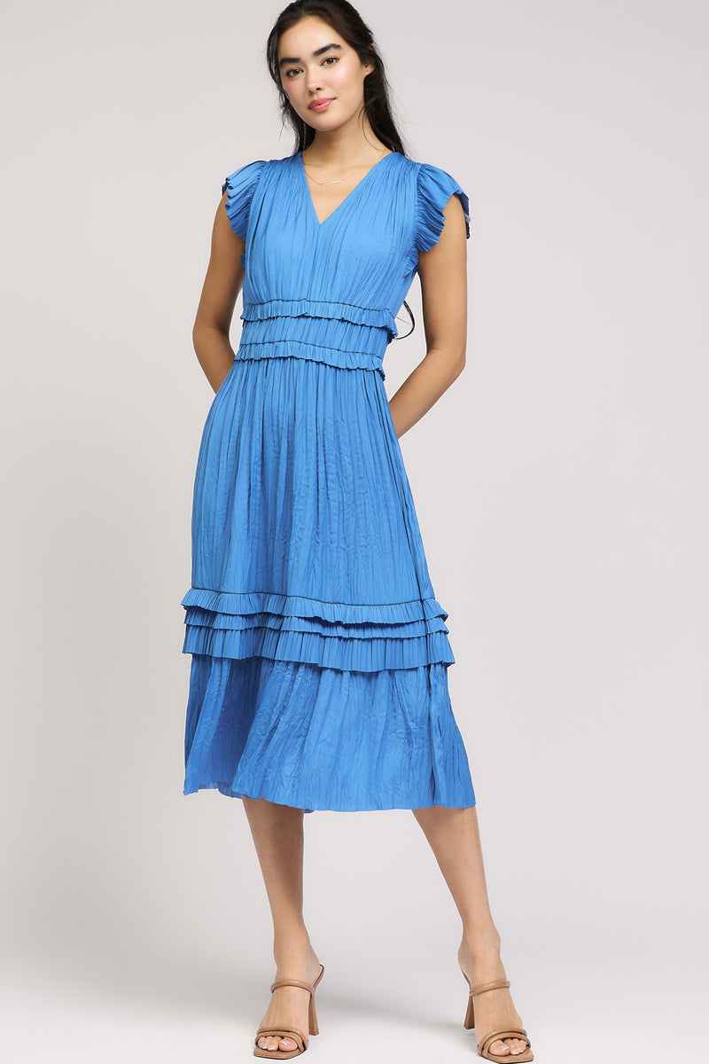 Dance Floor Diva Satin Midi Ruffle Sleeve Maxi Dress- Royal Blue
