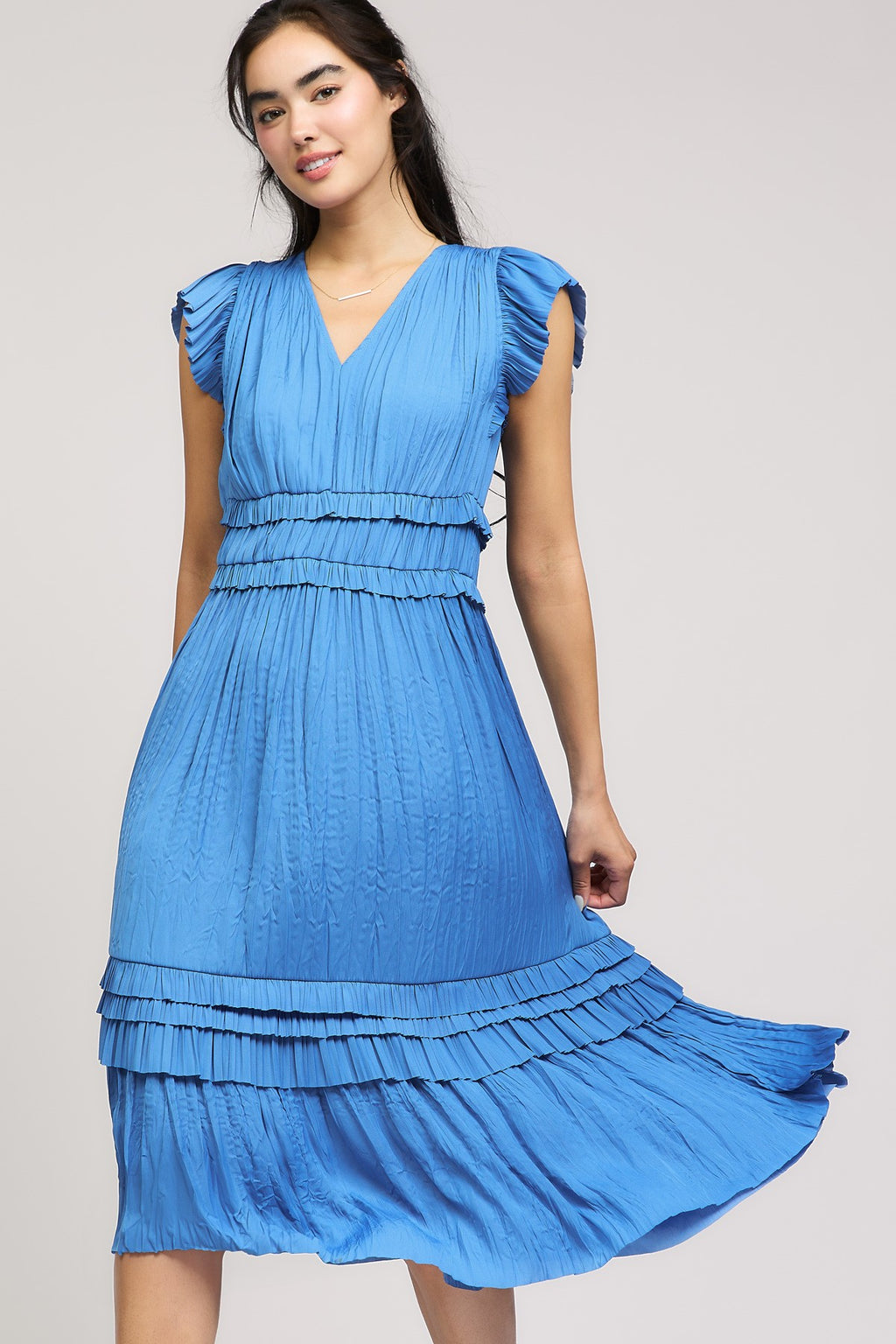 Dance Floor Diva Satin Midi Ruffle Sleeve Maxi Dress- Royal Blue