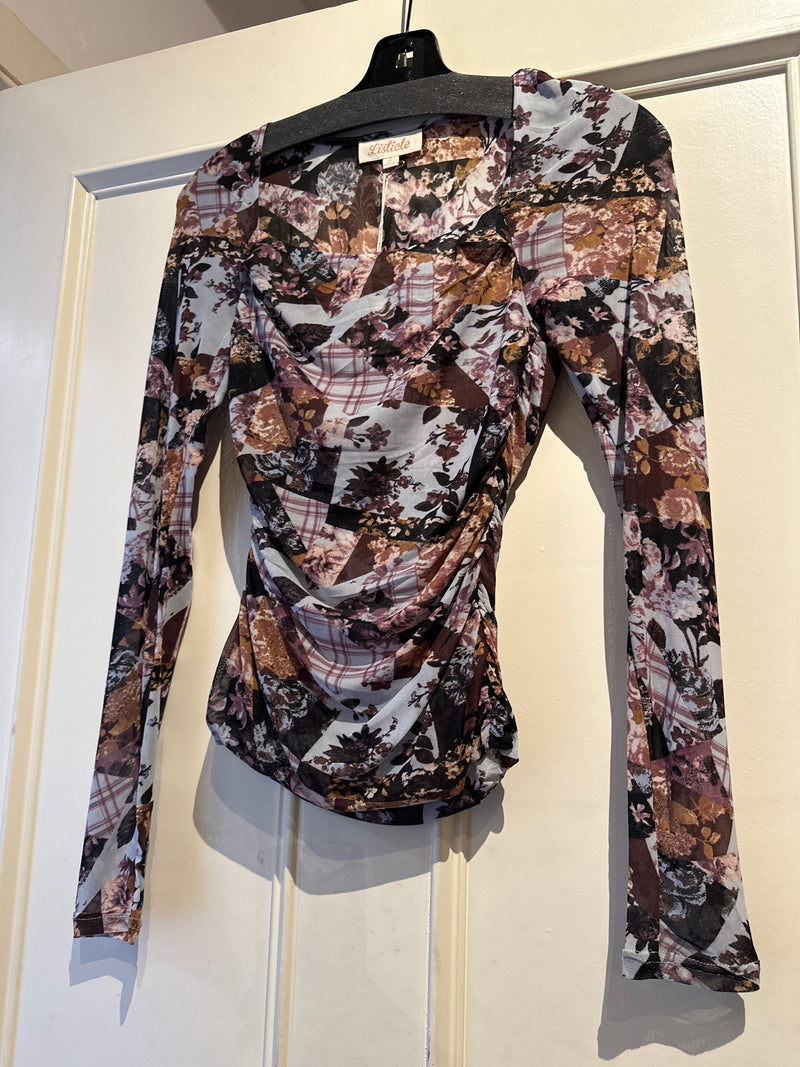 Listicle Square Neck Long Sleeve Sheer Floral Top - Plum/Multi