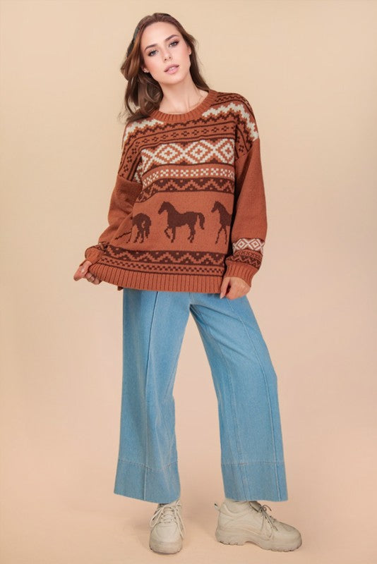 Copper Canyon Crew Neck Western Knit Sweater - Rust