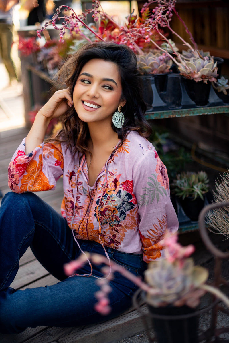Heartland Honey Tie Embroidered Detail Cotton Blouse- Pink/Multi