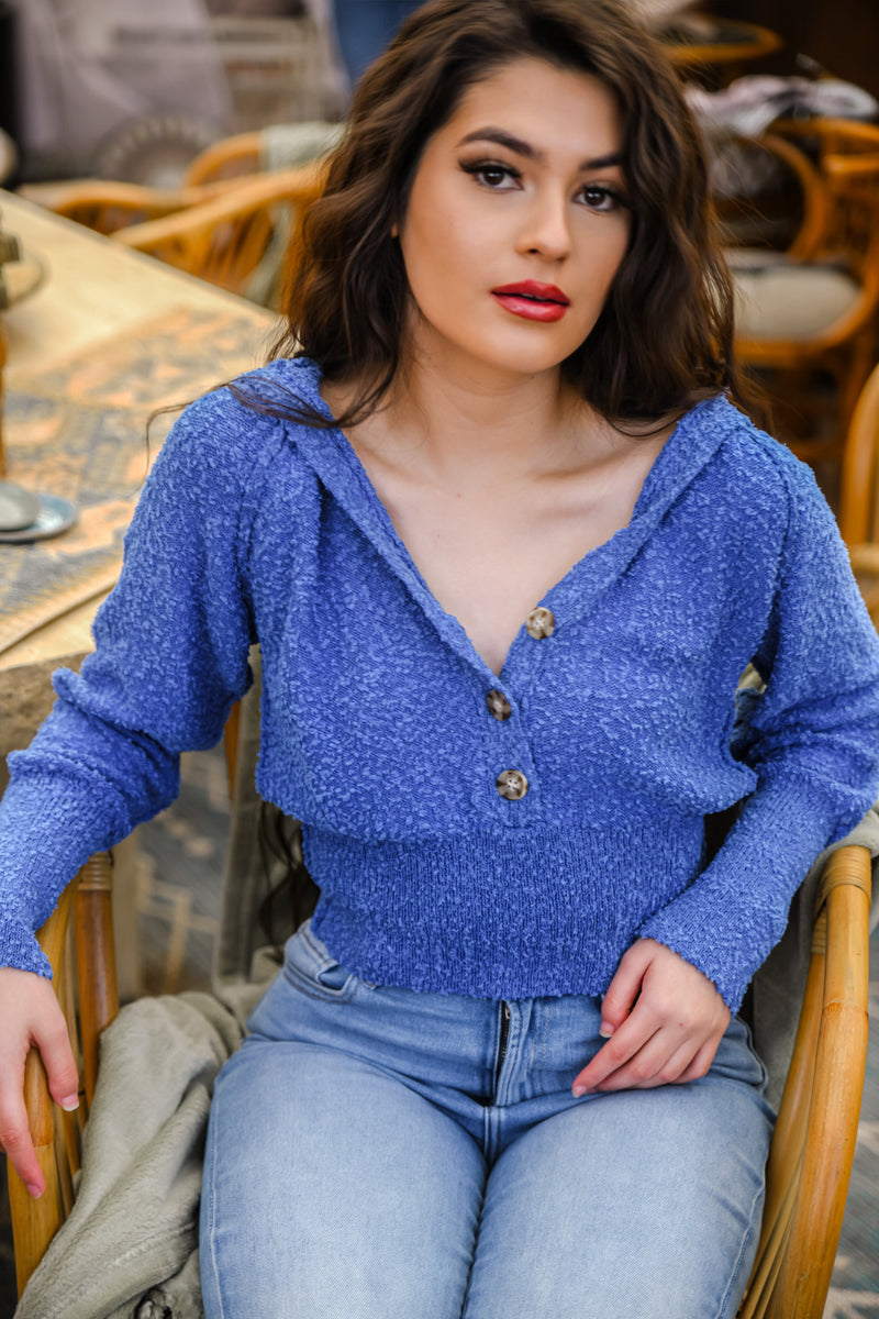 Harmony Hooded Textured Sweater - Cobalt