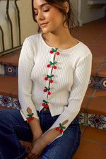 Berry Darling Long Sleeve Cherry Clasp Detail Top- Cream/Cherry