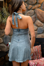 Woven Skies Halter Denim Dress- Medium Wash