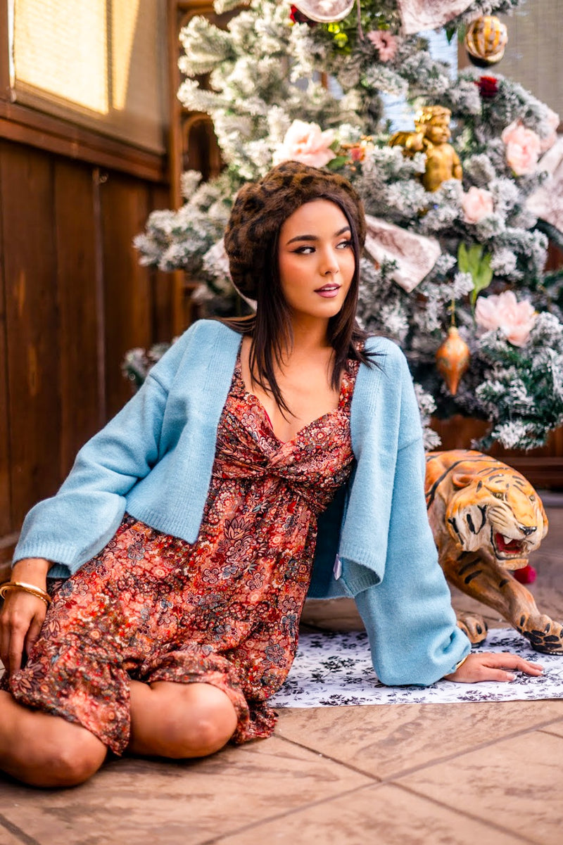 Places You’ll Go Paisley Print Long Sleeve Mini Dress- Brick/Azure