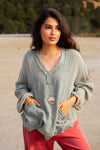 Keep It Coastal V-Neck Oversized Long Sleeve Muslin Top - Sage