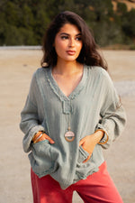 Keep It Coastal V-Neck Oversized Long Sleeve Muslin Top - Sage