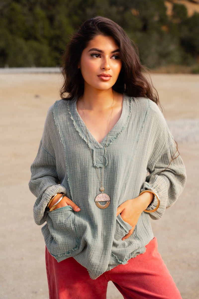 Keep It Coastal V-Neck Oversized Long Sleeve Muslin Top - Sage