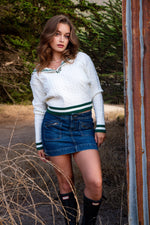 Portside Pullover Cable Knit Sailor Collar Sweater- Ivory/Hunter