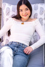 Cotton Candy Kiss Boat Neck Ruched Side Ribbed Top - Ivory