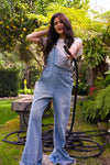 Busy Bee Wide Leg Flair Denim Overalls - Light Wash