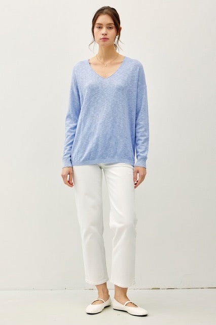 Ashlyn V-Neck Longsleeve Lightweight Sweater- Chambray