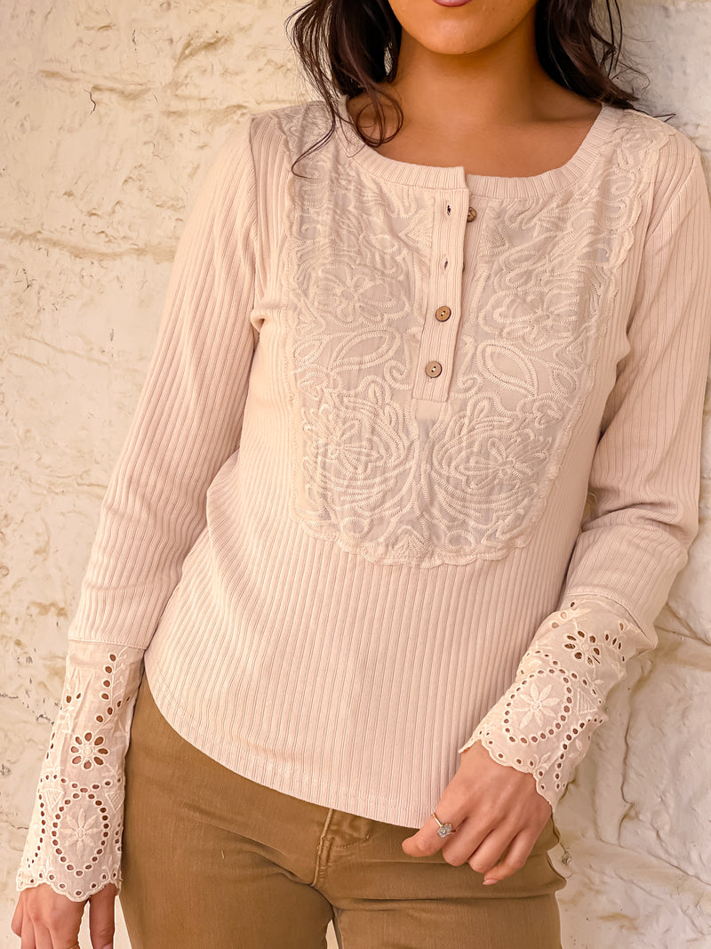 Lace and Love Ribbed Top - Wheat
