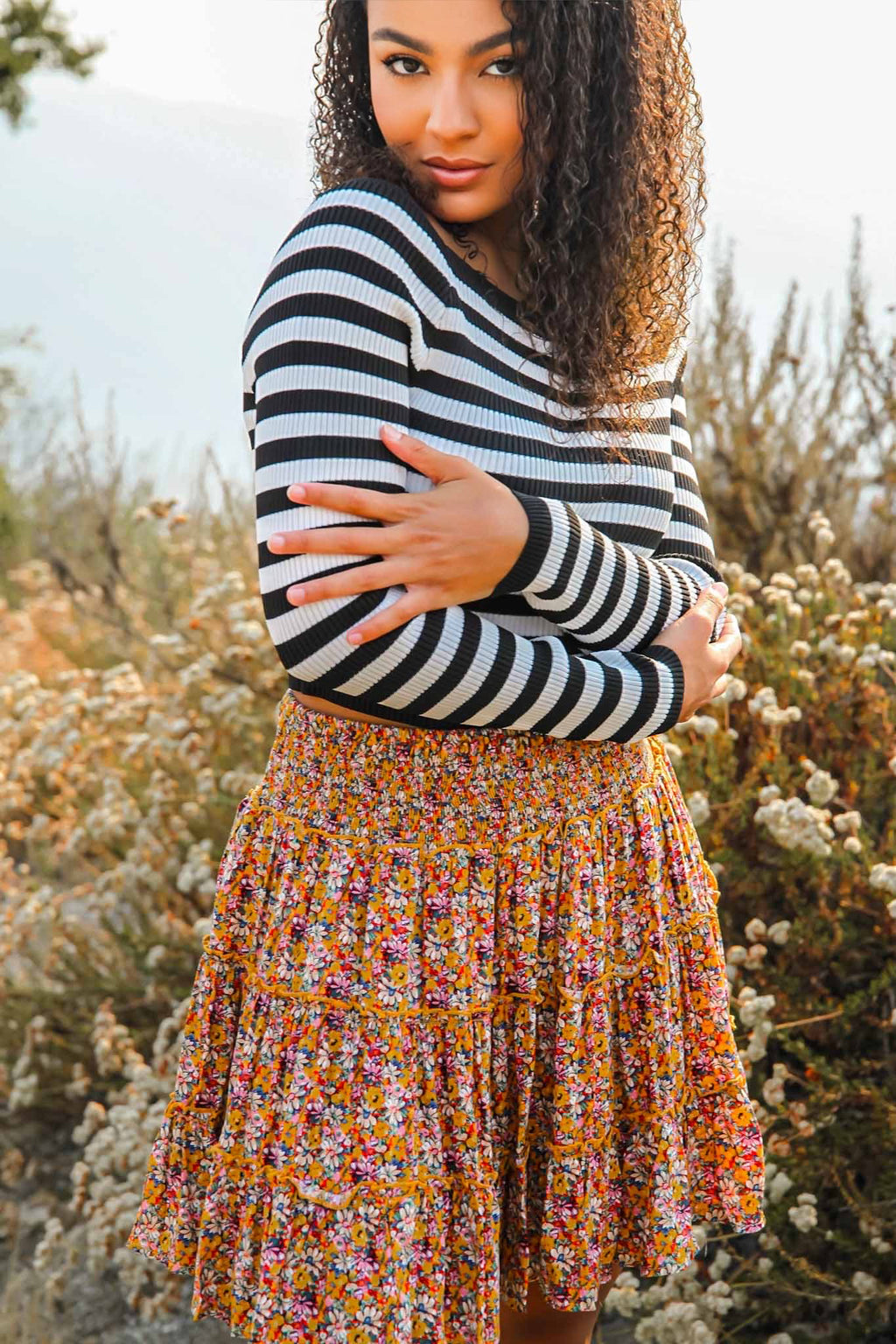 black and white striped crop top and ditsy floral skirt