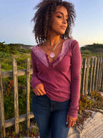 Mulled Wine Lace Neck Detail Long Sleeve Top - Cranberry