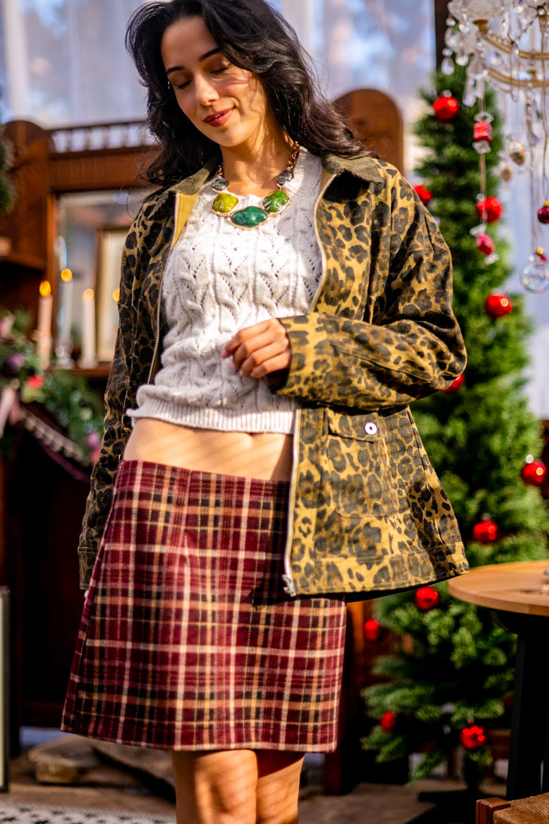 Rock the Beat Corduroy Collar Leopard Print Denim Jacket- Olive/Multi