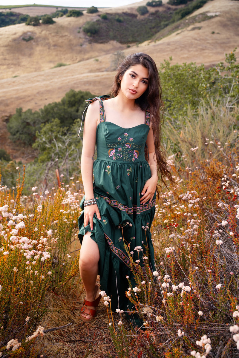 Magic Elixir Embroidered Detail Tie Strap Maxi Dress - Hunter/Multi