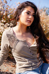 Rejuvenate Cotton Embroidered Detail Long Sleeve Blouse - Taupe