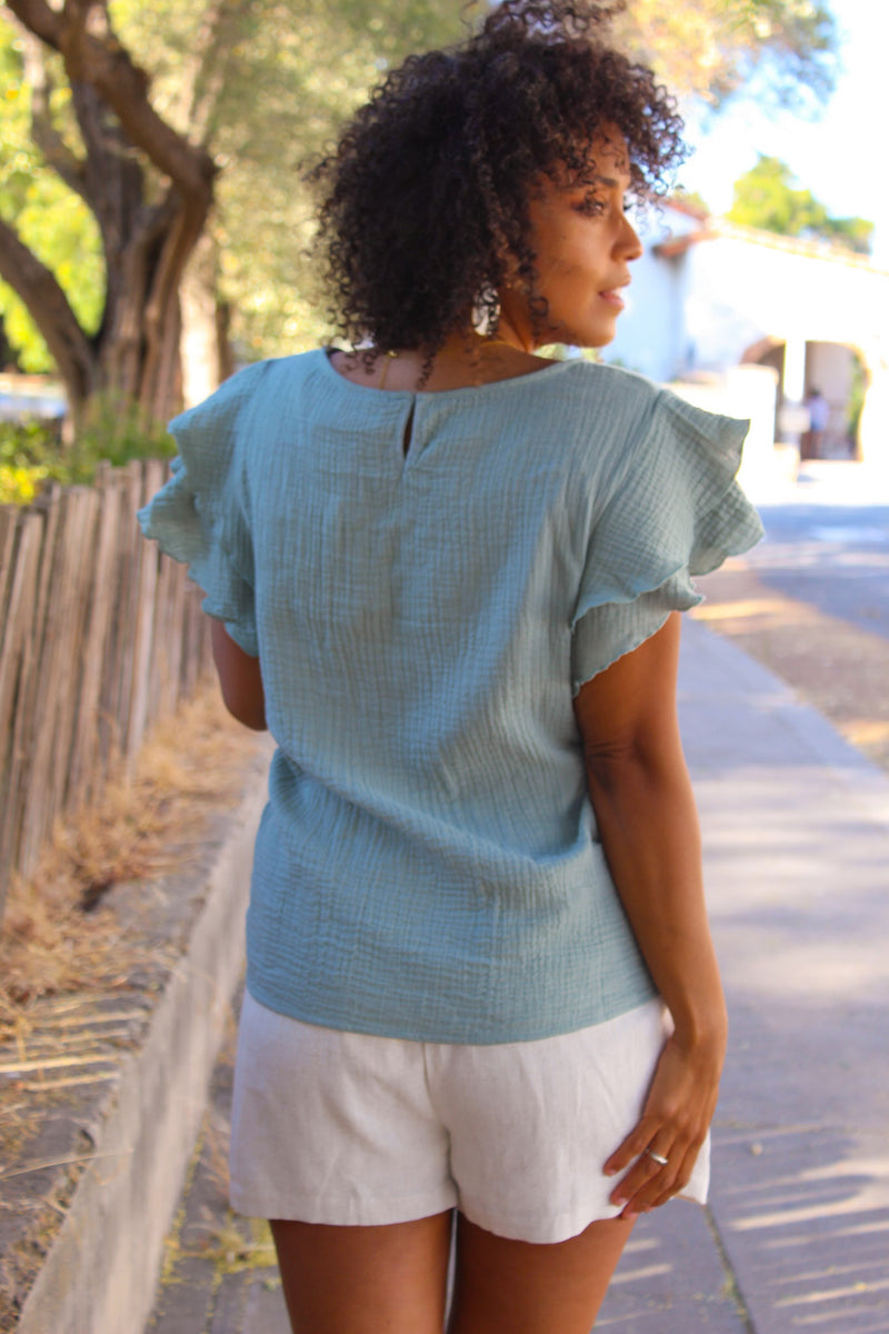 Summer Somewhere Ruffle Sleeve Muslin Top - Dusty Sage