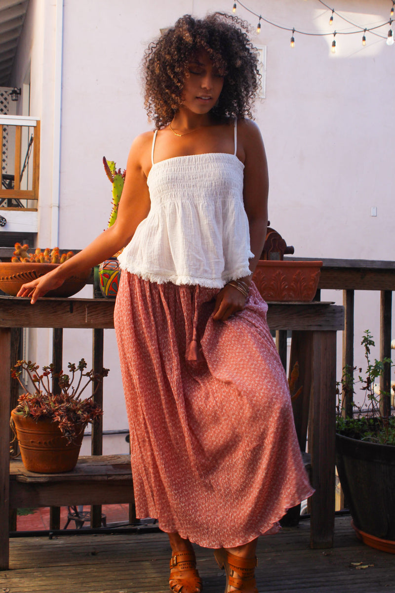 Sunshine State Drawstring Smocked Waist Floral Maxi Skirt - Dusty Rose