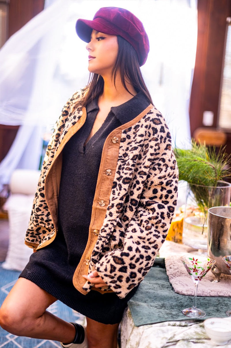 Noir Pur Corduroy Trim Leopard Print Sherpa Coat - Coffee