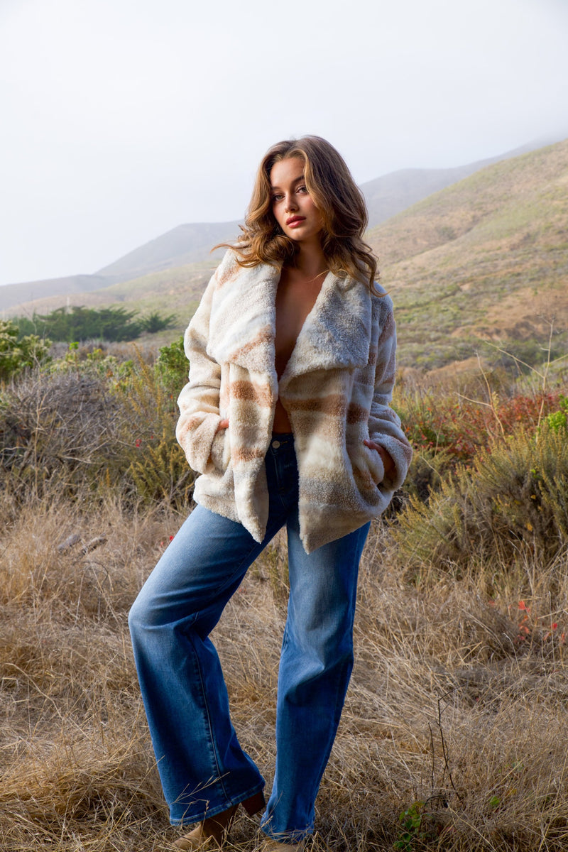 North Coast Faux Fur Plush Stripe Coat - Ivory/Multi