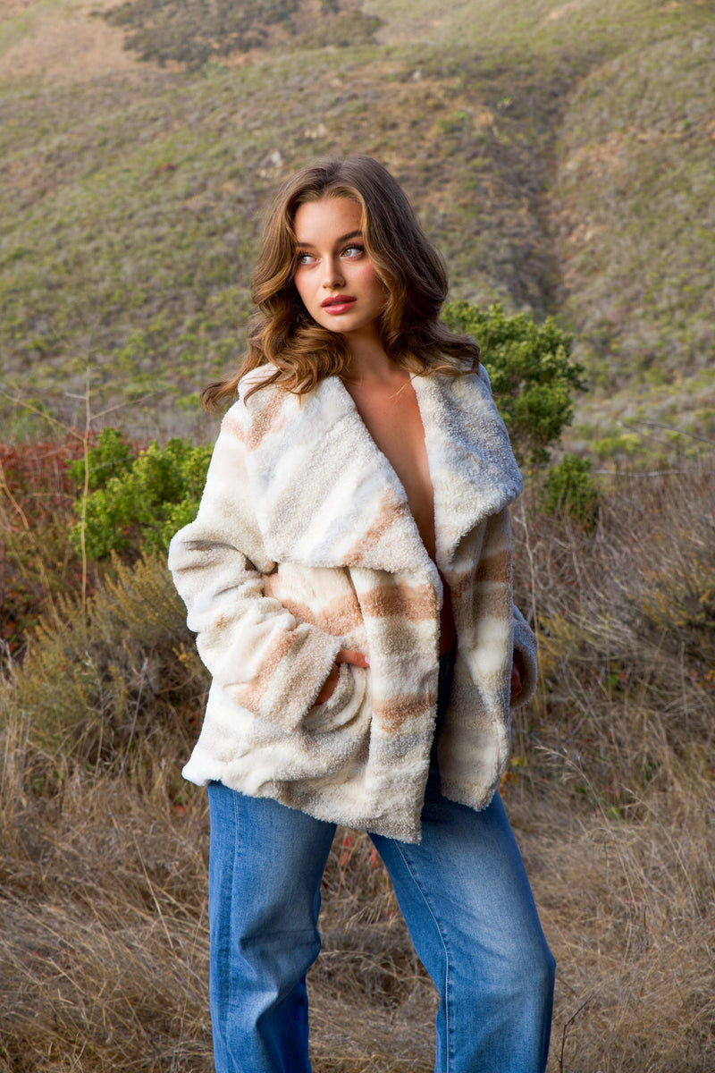 North Coast Faux Fur Plush Stripe Coat - Ivory/Multi