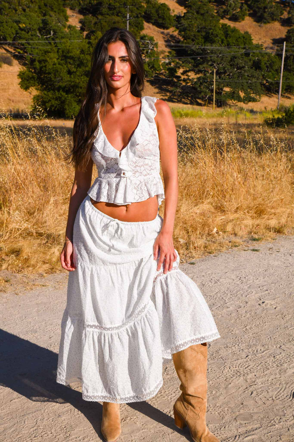 Olivaceous Lace V-Neck Top- White