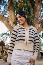 Stripes and Smiles Striped Collared Knit Zip Up- Oat/Black