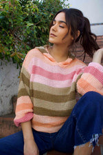 Perfect Elixir Hooded Stripe Knit Sweater- Peach/Multi