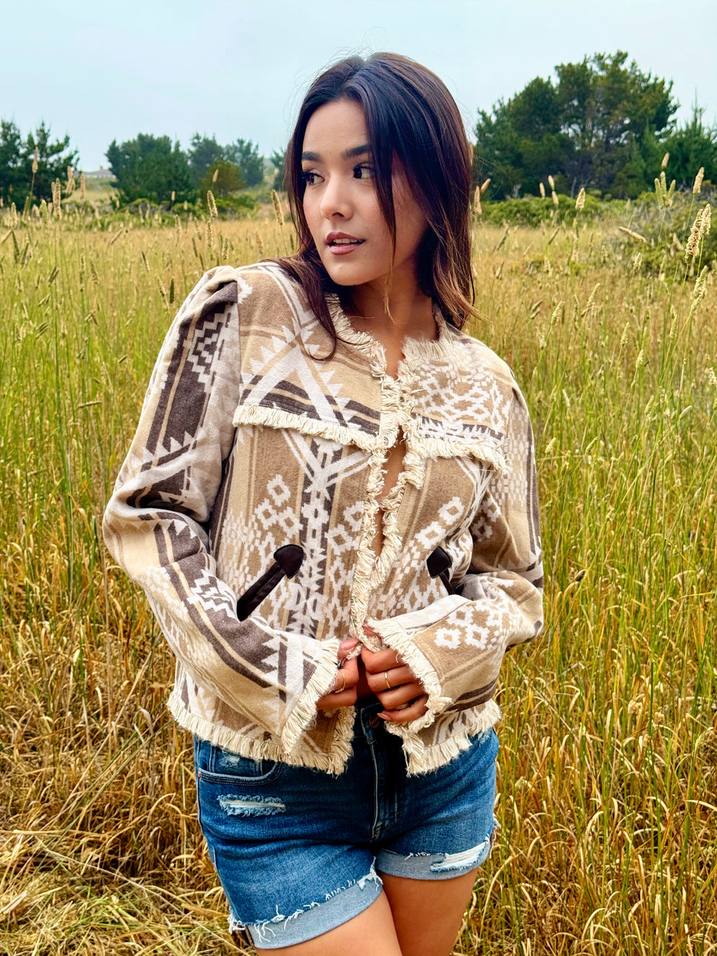 Country Road Tapestry Fray Jacket W/ Leather Pocket- Taupe