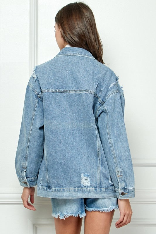 Worn In Wild Distressed Denim Long Jacket - Medium Wash