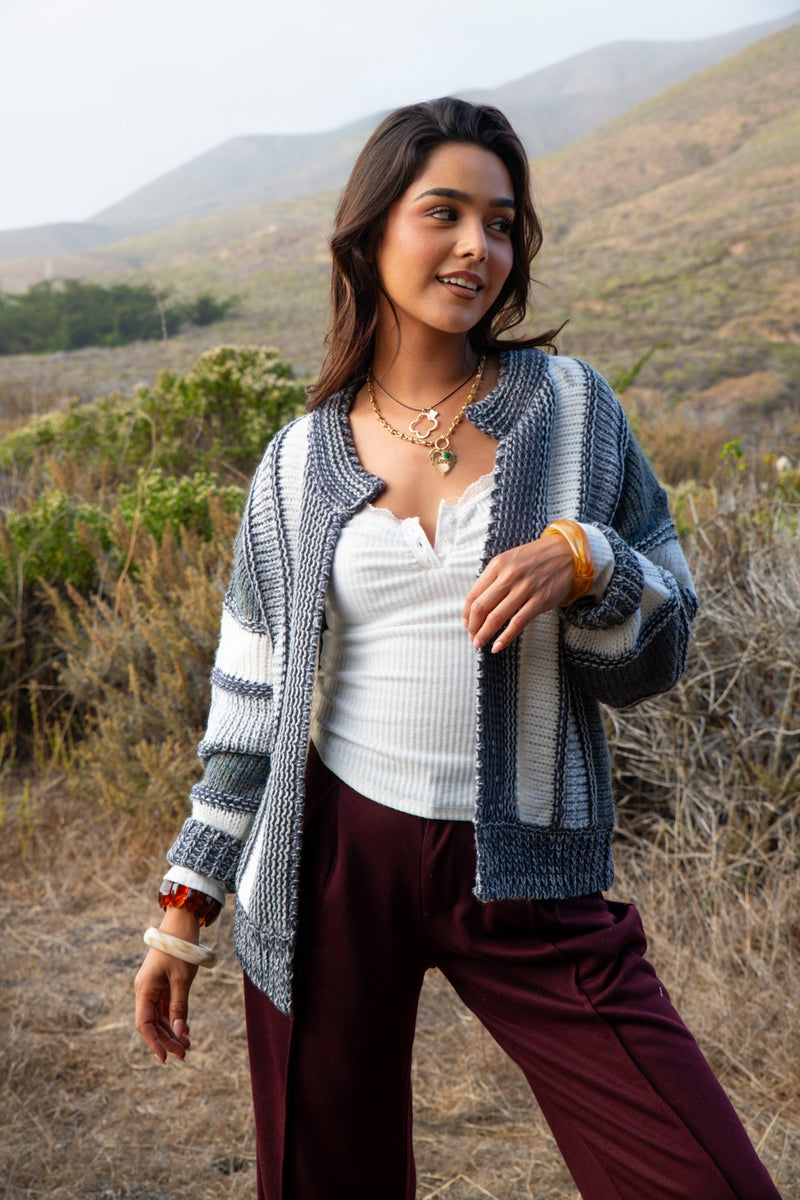 Tidepool Tinsel Detail Knit Cardigan- Smoke/Ivory