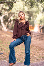 Flirt & Flutter Long Sleeve Frill Blouse - Chocolate