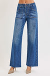 Risen Jeans Raw Hem Wide Leg Denim Pants - Dark Wash