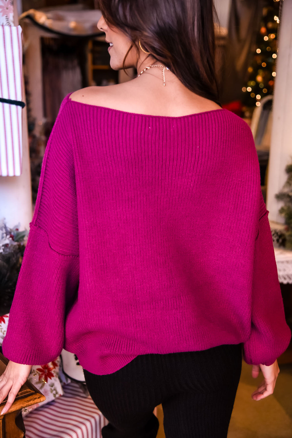 Warm Wishes Off The Shoulder Oversized Knit Sweater - Plum