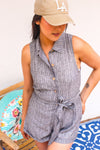 Free to Fly Striped Button Front Collared Neckline Romper-Gray/White