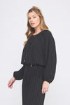 Keep It Coastal Linen Pinstripe Long Sleeve Blouse- Black