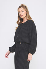 Keep It Coastal Linen Pinstripe Long Sleeve Blouse- Black