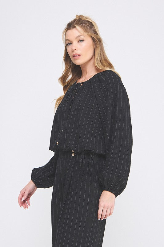 Keep It Coastal Linen Pinstripe Long Sleeve Blouse- Black